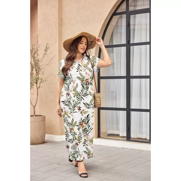 imageEkouaer Long Nightgown Womens Loungewear Short Sleeve Sleepwear Full Length Sleep Shirt with PocketsWhite Leave Print