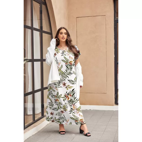 imageEkouaer Long Nightgown Womens Loungewear Short Sleeve Sleepwear Full Length Sleep Shirt with PocketsWhite Leave Print