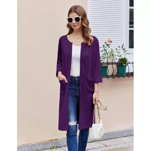 imageEkouaer Women Zipper Robes 34 Sleeve Ribbed Knit Bathrobe Lightweight Knee Length Loungewear Housecoat with Pockets S3XLPurple