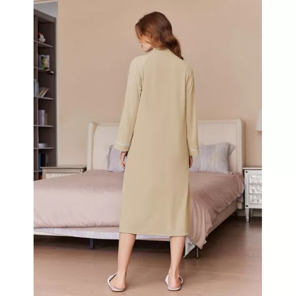 imageEkouaer Womens Zipper Robes Long Sleeve Loungewear Knee Length Housecoat Fleece Bathrobe with Pockets SXXLKhaki