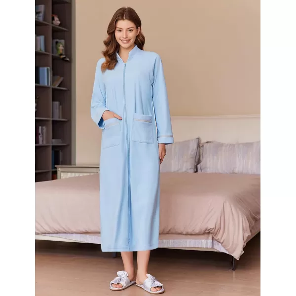 imageEkouaer Womens Zipper Robes Long Sleeve Loungewear Knee Length Housecoat Fleece Bathrobe with Pockets SXXLLight Blue