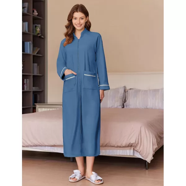 imageEkouaer Womens Zipper Robes Long Sleeve Loungewear Knee Length Housecoat Fleece Bathrobe with Pockets SXXLNavy Blue