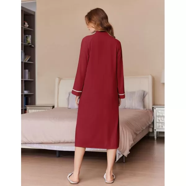 imageEkouaer Womens Zipper Robes Long Sleeve Loungewear Knee Length Housecoat Fleece Bathrobe with Pockets SXXLWine Red