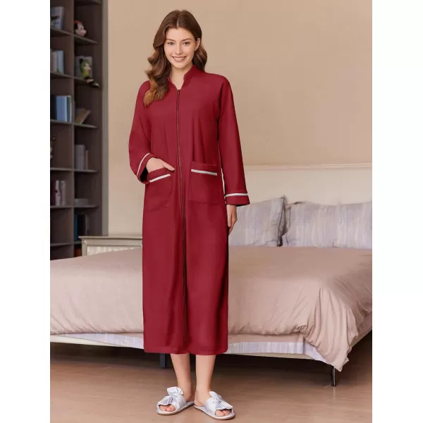 imageEkouaer Womens Zipper Robes Long Sleeve Loungewear Knee Length Housecoat Fleece Bathrobe with Pockets SXXLWine Red