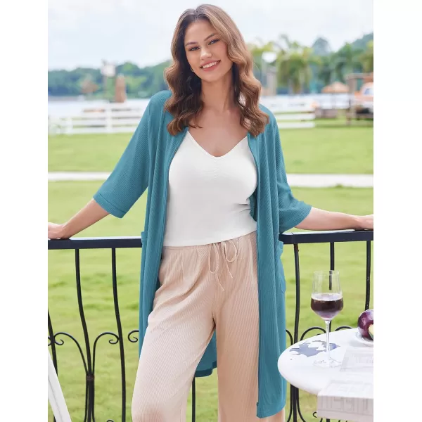 imageEkouaer Zip Up Robes for Women Short Waffle Bathrobe Lightweight Knee Length Housecoat with Pockets Nightgown S3XLDark Blue