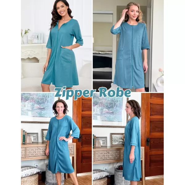 imageEkouaer Zip Up Robes for Women Short Waffle Bathrobe Lightweight Knee Length Housecoat with Pockets Nightgown S3XLDark Blue