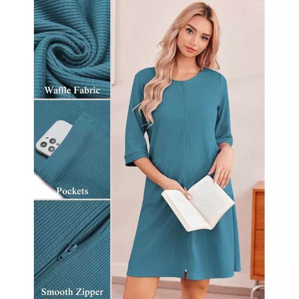 imageEkouaer Zip Up Robes for Women Short Waffle Bathrobe Lightweight Knee Length Housecoat with Pockets Nightgown S3XLDark Blue