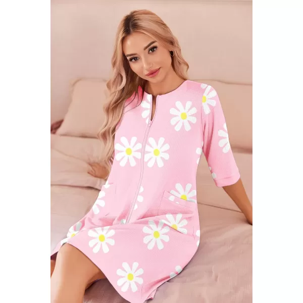 imageEkouaer Zip Up Robes for Women Short Waffle Bathrobe Lightweight Knee Length Housecoat with Pockets Nightgown S3XLFloral Pink