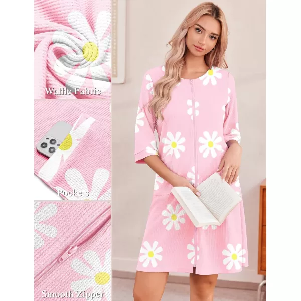 imageEkouaer Zip Up Robes for Women Short Waffle Bathrobe Lightweight Knee Length Housecoat with Pockets Nightgown S3XLFloral Pink