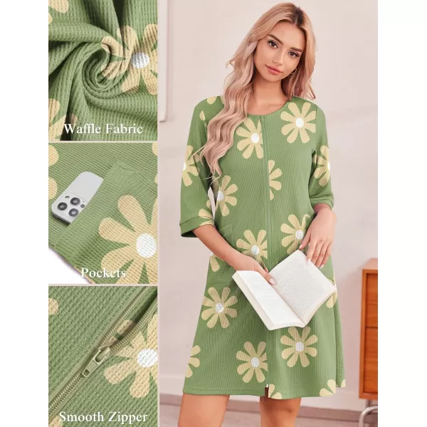 imageEkouaer Zip Up Robes for Women Short Waffle Bathrobe Lightweight Knee Length Housecoat with Pockets Nightgown S3XLGreen Floral