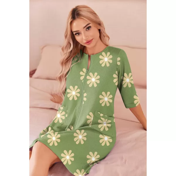 imageEkouaer Zip Up Robes for Women Short Waffle Bathrobe Lightweight Knee Length Housecoat with Pockets Nightgown S3XLGreen Floral