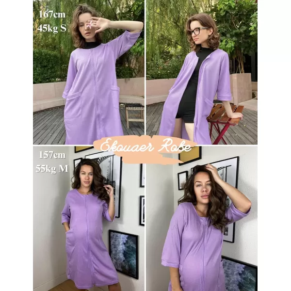 imageEkouaer Zip Up Robes for Women Short Waffle Bathrobe Lightweight Knee Length Housecoat with Pockets Nightgown S3XLLavender