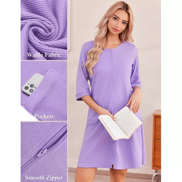 imageEkouaer Zip Up Robes for Women Short Waffle Bathrobe Lightweight Knee Length Housecoat with Pockets Nightgown S3XLLavender