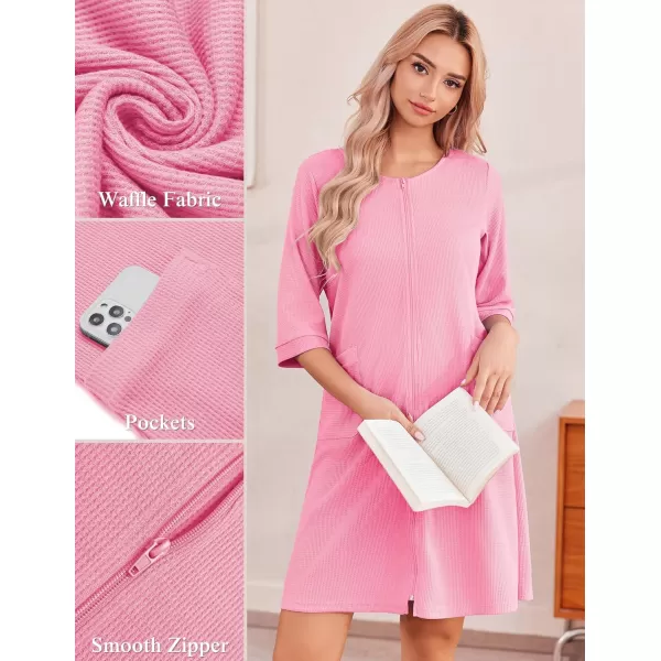 imageEkouaer Zip Up Robes for Women Short Waffle Bathrobe Lightweight Knee Length Housecoat with Pockets Nightgown S3XLPink