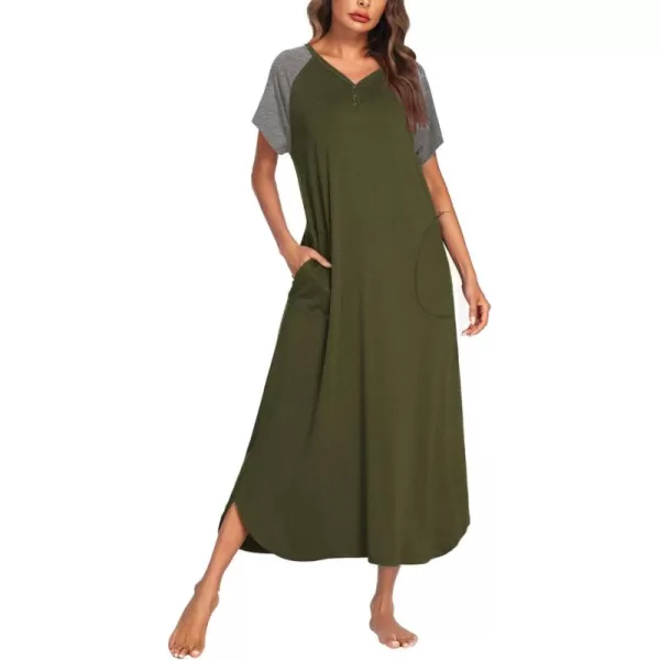 imageEkouaer Long Nightgown Womens Loungewear Short Sleeve Sleepwear Full Length Sleep Shirt with PocketsArmy GreenGrey