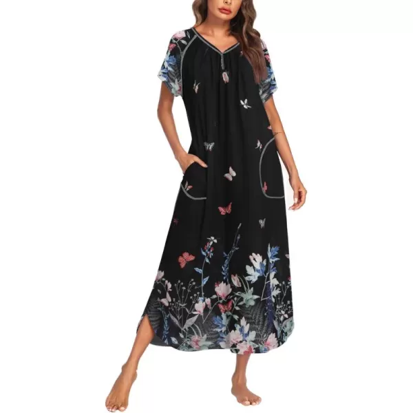 imageEkouaer Long Nightgown Womens Loungewear Short Sleeve Sleepwear Full Length Sleep Shirt with PocketsBlack Butterfly Floral