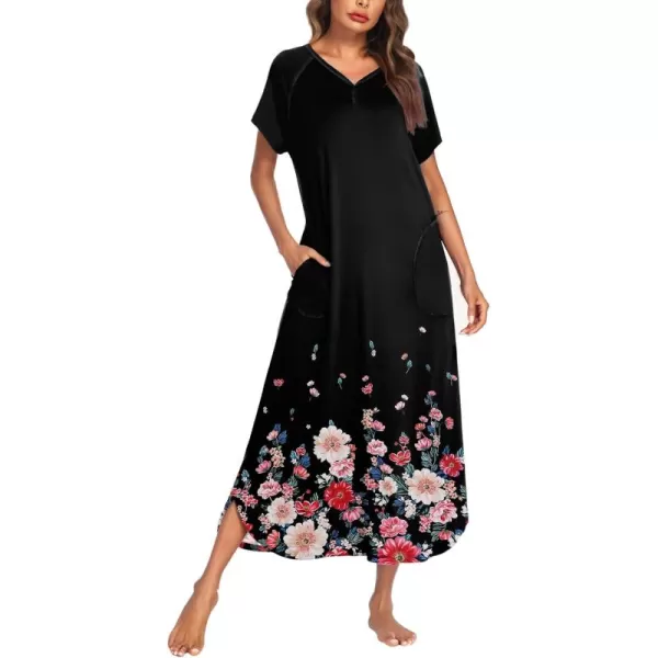 imageEkouaer Long Nightgown Womens Loungewear Short Sleeve Sleepwear Full Length Sleep Shirt with PocketsBlack Floral