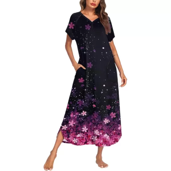 imageEkouaer Long Nightgown Womens Loungewear Short Sleeve Sleepwear Full Length Sleep Shirt with PocketsBlack Sakura