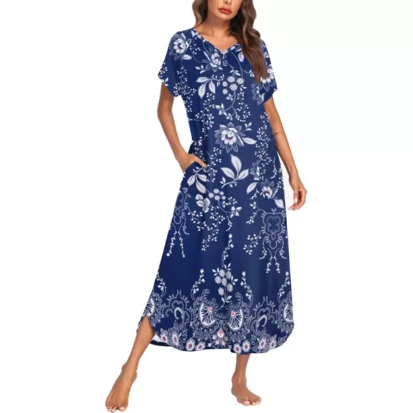 imageEkouaer Long Nightgown Womens Loungewear Short Sleeve Sleepwear Full Length Sleep Shirt with PocketsBlue Ethnic Flower