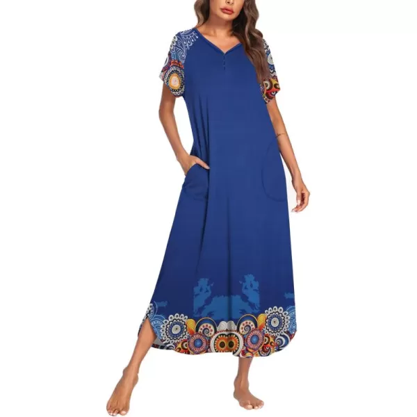 imageEkouaer Long Nightgown Womens Loungewear Short Sleeve Sleepwear Full Length Sleep Shirt with PocketsBlue Floral