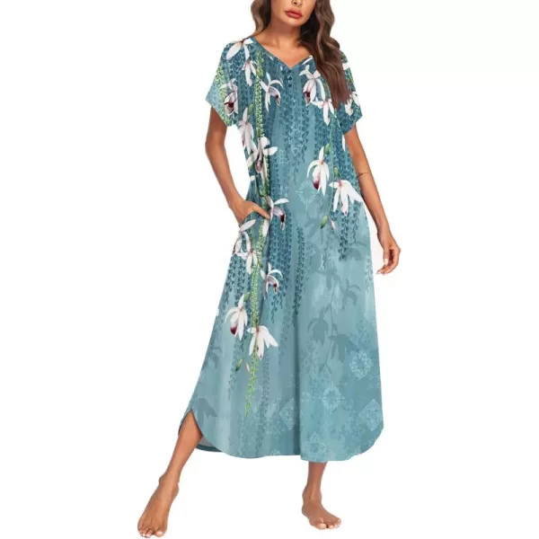 imageEkouaer Long Nightgown Womens Loungewear Short Sleeve Sleepwear Full Length Sleep Shirt with PocketsBlue Flower