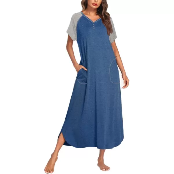 imageEkouaer Long Nightgown Womens Loungewear Short Sleeve Sleepwear Full Length Sleep Shirt with PocketsBlueGrey