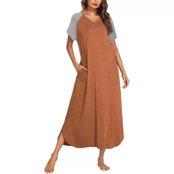 imageEkouaer Long Nightgown Womens Loungewear Short Sleeve Sleepwear Full Length Sleep Shirt with PocketsChocolateGrey