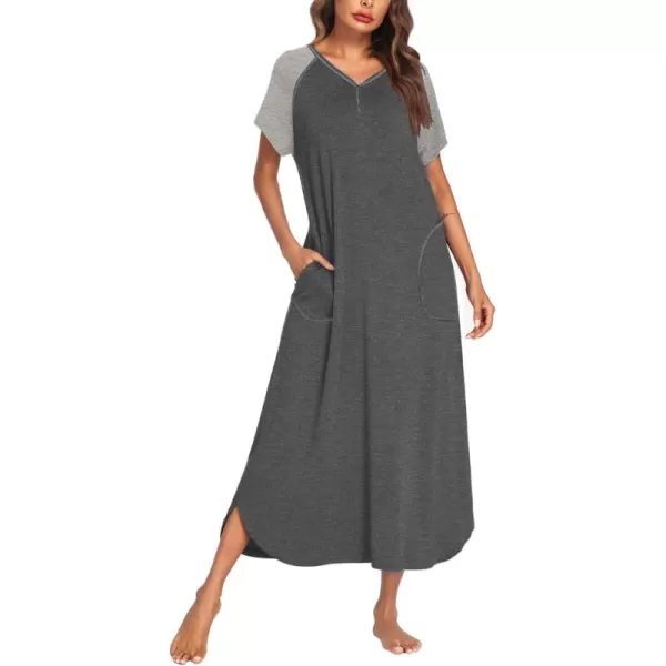 imageEkouaer Long Nightgown Womens Loungewear Short Sleeve Sleepwear Full Length Sleep Shirt with PocketsDark GreyGrey