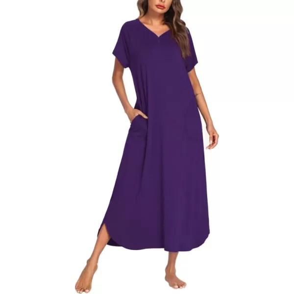 imageEkouaer Long Nightgown Womens Loungewear Short Sleeve Sleepwear Full Length Sleep Shirt with PocketsDark Violet