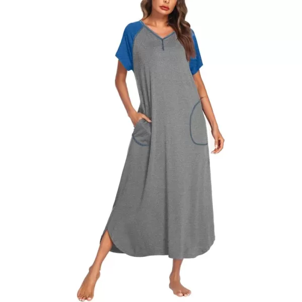 imageEkouaer Long Nightgown Womens Loungewear Short Sleeve Sleepwear Full Length Sleep Shirt with PocketsGreyBlue