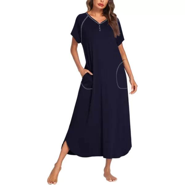 imageEkouaer Long Nightgown Womens Loungewear Short Sleeve Sleepwear Full Length Sleep Shirt with PocketsNavy Blue