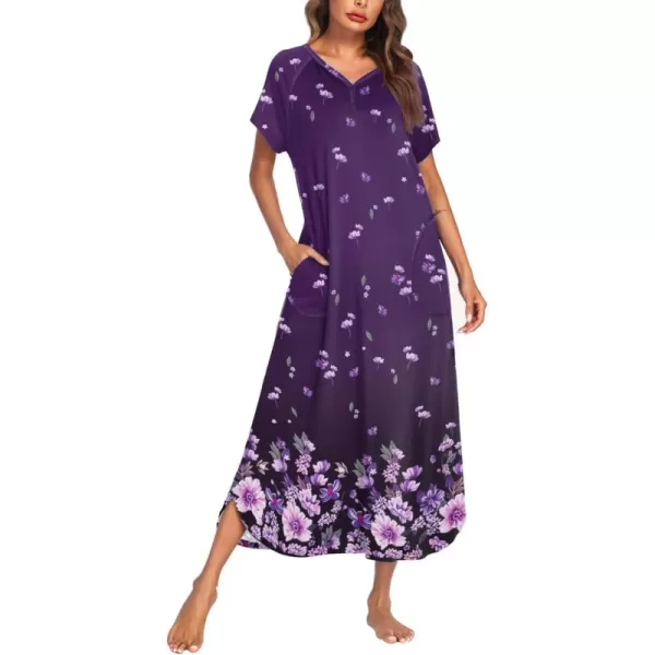 imageEkouaer Long Nightgown Womens Loungewear Short Sleeve Sleepwear Full Length Sleep Shirt with PocketsPurple Flower