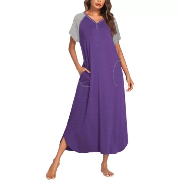 imageEkouaer Long Nightgown Womens Loungewear Short Sleeve Sleepwear Full Length Sleep Shirt with PocketsPurpleGrey