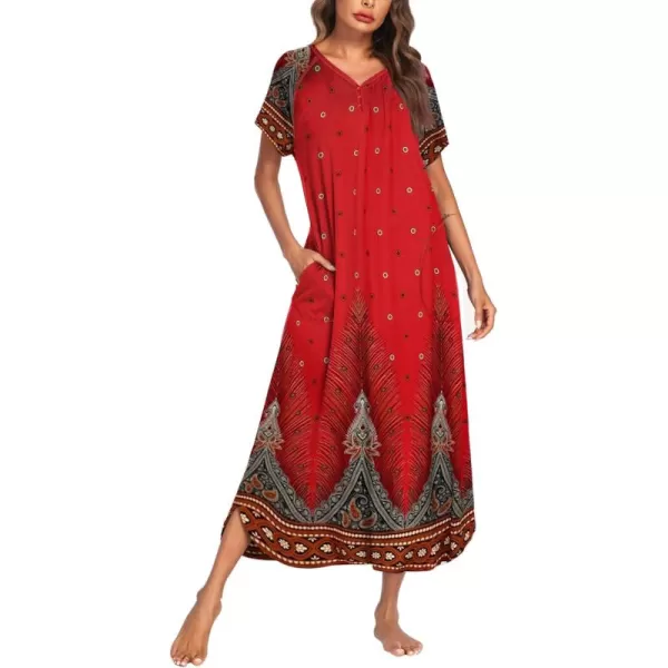 imageEkouaer Long Nightgown Womens Loungewear Short Sleeve Sleepwear Full Length Sleep Shirt with PocketsRed Ethnic Print