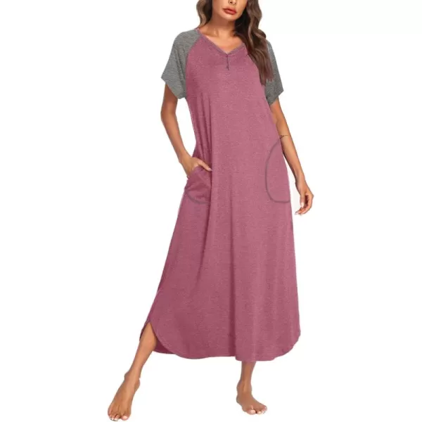 imageEkouaer Long Nightgown Womens Loungewear Short Sleeve Sleepwear Full Length Sleep Shirt with PocketsRedGrey