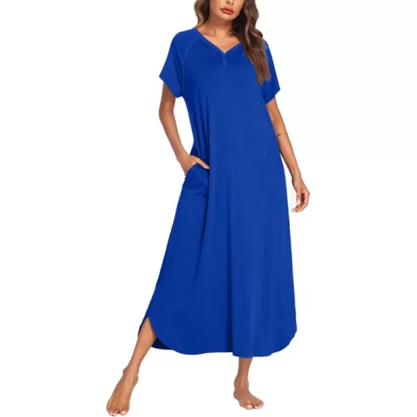 imageEkouaer Long Nightgown Womens Loungewear Short Sleeve Sleepwear Full Length Sleep Shirt with PocketsSnorkel Blue