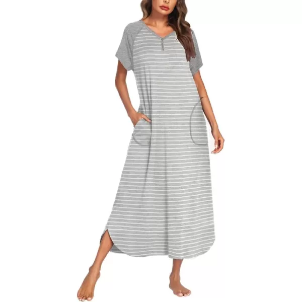 imageEkouaer Long Nightgown Womens Loungewear Short Sleeve Sleepwear Full Length Sleep Shirt with PocketsWhite Grey Stripe