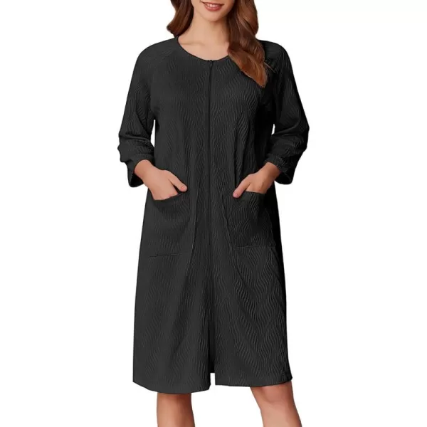 imageEkouaer Women Zipper Robes 34 Sleeve Ribbed Knit Bathrobe Lightweight Knee Length Loungewear Housecoat with Pockets S3XLBlack