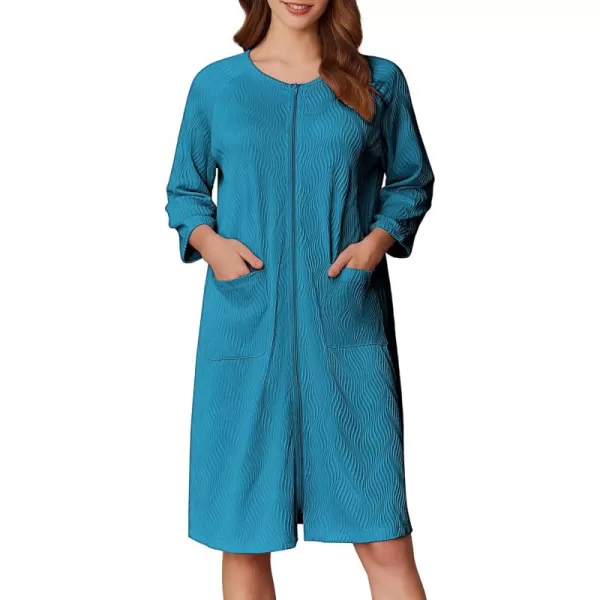 imageEkouaer Women Zipper Robes 34 Sleeve Ribbed Knit Bathrobe Lightweight Knee Length Loungewear Housecoat with Pockets S3XLBlue Green