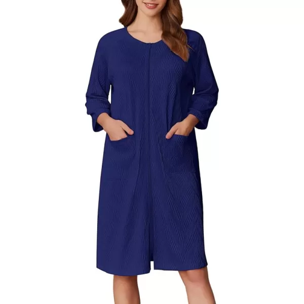 imageEkouaer Women Zipper Robes 34 Sleeve Ribbed Knit Bathrobe Lightweight Knee Length Loungewear Housecoat with Pockets S3XLDark Blue