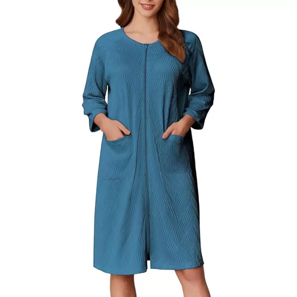 imageEkouaer Women Zipper Robes 34 Sleeve Ribbed Knit Bathrobe Lightweight Knee Length Loungewear Housecoat with Pockets S3XLDuck Blue