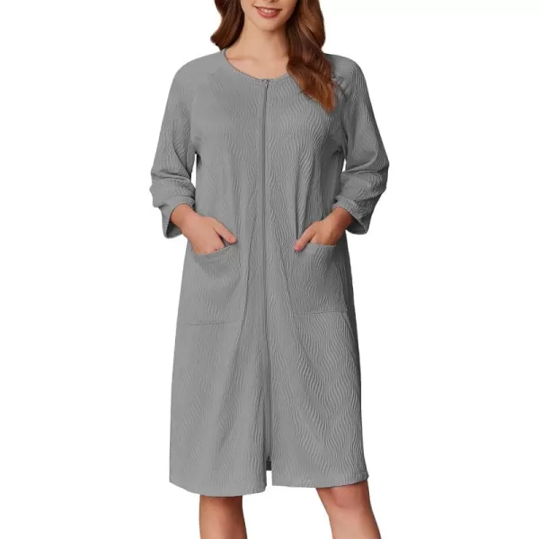 imageEkouaer Women Zipper Robes 34 Sleeve Ribbed Knit Bathrobe Lightweight Knee Length Loungewear Housecoat with Pockets S3XLGrey