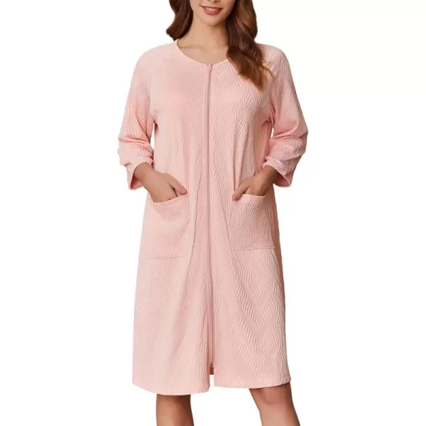 imageEkouaer Women Zipper Robes 34 Sleeve Ribbed Knit Bathrobe Lightweight Knee Length Loungewear Housecoat with Pockets S3XLLight Pink