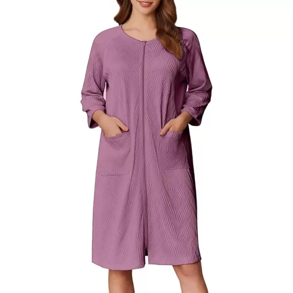 imageEkouaer Women Zipper Robes 34 Sleeve Ribbed Knit Bathrobe Lightweight Knee Length Loungewear Housecoat with Pockets S3XLLight Purple