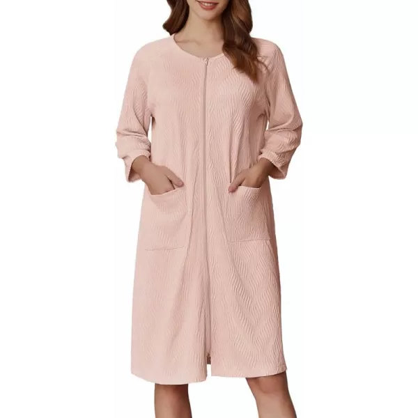 imageEkouaer Women Zipper Robes 34 Sleeve Ribbed Knit Bathrobe Lightweight Knee Length Loungewear Housecoat with Pockets S3XLPink