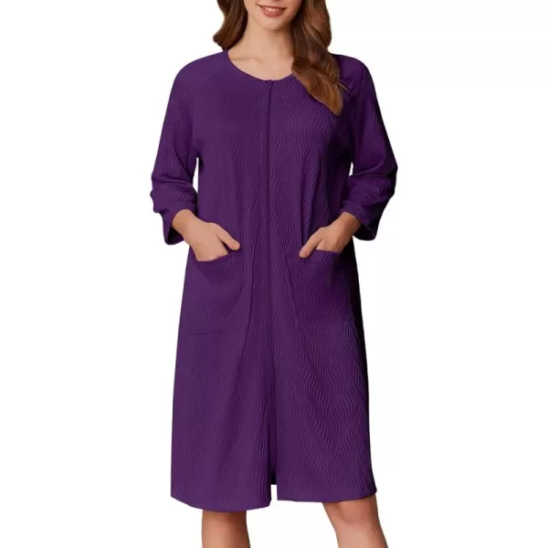 imageEkouaer Women Zipper Robes 34 Sleeve Ribbed Knit Bathrobe Lightweight Knee Length Loungewear Housecoat with Pockets S3XLPurple