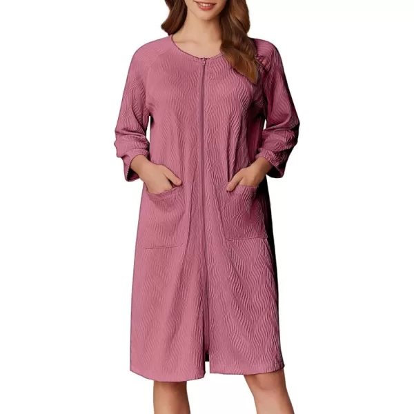 imageEkouaer Women Zipper Robes 34 Sleeve Ribbed Knit Bathrobe Lightweight Knee Length Loungewear Housecoat with Pockets S3XLPurple Red