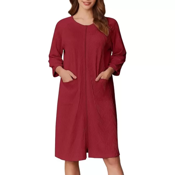 imageEkouaer Women Zipper Robes 34 Sleeve Ribbed Knit Bathrobe Lightweight Knee Length Loungewear Housecoat with Pockets S3XLRed