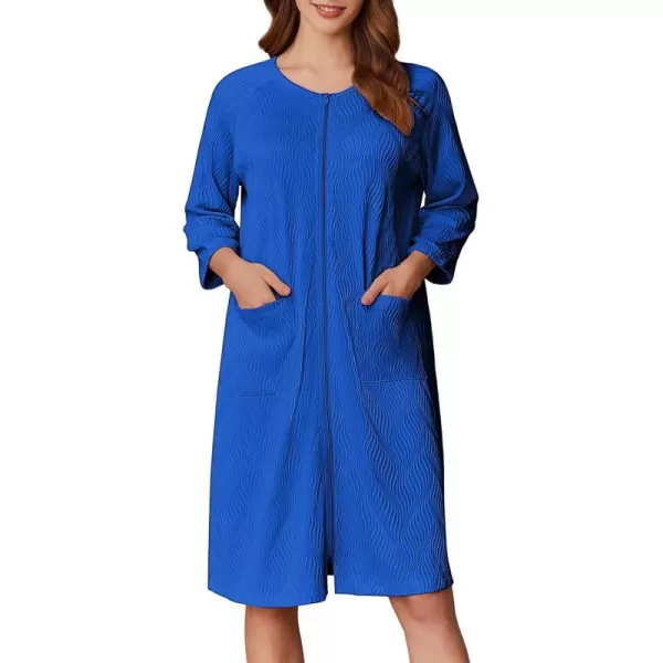 imageEkouaer Women Zipper Robes 34 Sleeve Ribbed Knit Bathrobe Lightweight Knee Length Loungewear Housecoat with Pockets S3XLSky Blue