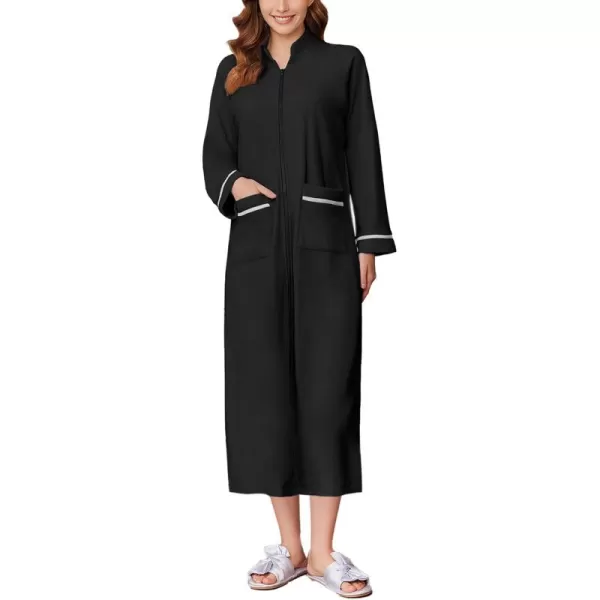 imageEkouaer Womens Zipper Robes Long Sleeve Loungewear Knee Length Housecoat Fleece Bathrobe with Pockets SXXLBlack